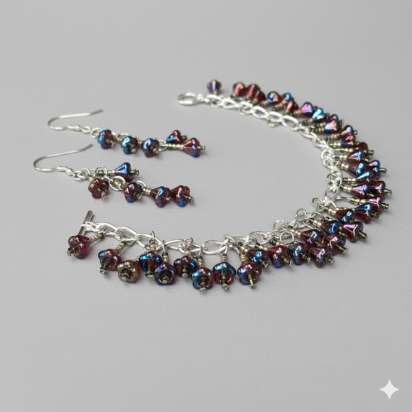 Bracelet 6.75" Beaded Charm Earrings Set Handmade Red Czech Glass Flower Dangle - Picture 7 of 11